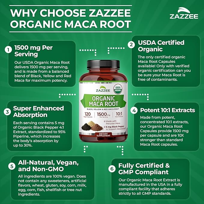 Zazzee USDA Organic Maca Root 10:1 Extract, Red, Black & Yellow Maca, 1500 mg per Serving, 120 Vegan Capsules, Black Pepper Extract, 2 Month Supply, Energy & Stamina Support, Non-GMO, Made in the USA