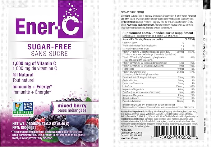 Ener-C Sugar Free Multivitamin Drink Mix - Vitamin Powder for Water, Electrolytes Powder No Sugar, Hydration Boost Packets, Zero Sugar, Vitamin C & B12 Supplement Liquid Mix - Mixed Berry, 30 Count