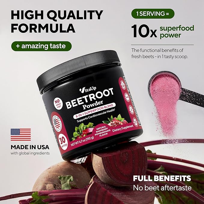 Beet Root Powder 8 in 1 – USA Made Beets Powder Supplements with Grape Seed, Hawthorn, Coq10 – with Organic Beetroot for Energy & Circulation Support – Non-GMO, 30 Serving