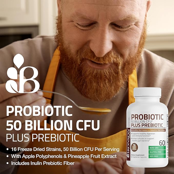 Bronson Probiotic 50 Billion CFU + Prebiotic with Apple Polyphenols & Pineapple Fruit Extract for Women & Men Non-GMO, 60 Vegetarian Capsules