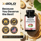 X Gold Health Korean Red Panax Ginseng + Ginkgo Biloba – 7% Ginsenosides Extra Strength – Energy, Memory, Focus & Brain Support – Premium Supplement for Men & Women – Non-GMO, 60 Vegan Capsules