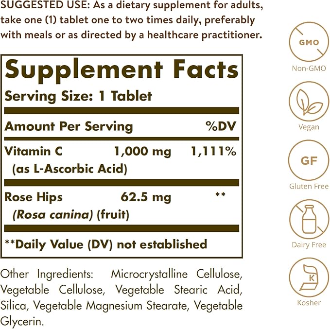 Solgar Vitamin C 1000 mg with Rose HIPS, 250 Tablets - Antioxidant & Immune Support - Overall Health - Supports Healthy Skin & Joints - Non-GMO, Vegan and Kosher - 250 Servings