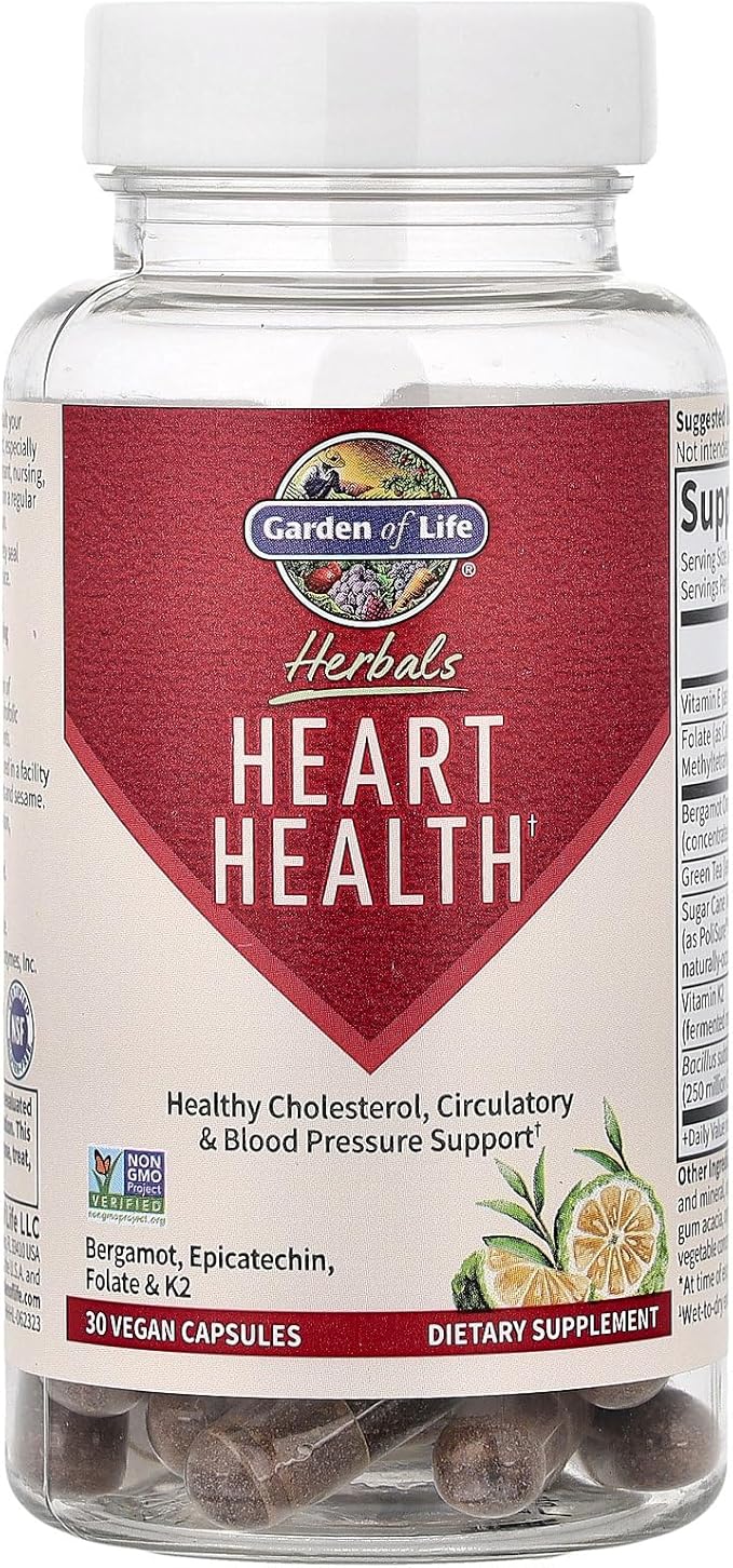 Garden of Life Herbals Heart Health Supplement with Folate, Bergamot, Green Tea & Vitamin E & K for Cholesterol, Circulatory & Blood Pressure Support, Non-GMO, Gluten-Free, Citrus Flavor, 30 Servings