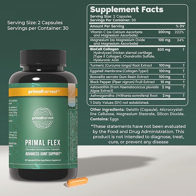 Primal Harvest Primal Flex with Turmeric, Hyaluronic Acid, Type II Collagen and Boswellia for Joint Comfort, Flexibility and Mobility Support (60 Count (1 Pack))
