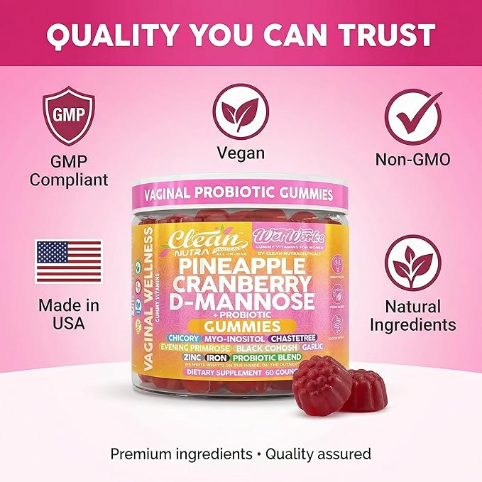 Wet Works Women's Vaginal Probiotic Gummies Pineapple Cranberry Folic Acid D-Mannose Vitamin C Chicory Myo Inositol Garlic Black Cohosh Zinc Iron Evening Primrose Chastetree 60 Count by Clean Nutra