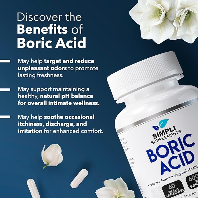 Simpli Supplements Boric Acid Suppositories for Women 600mg – 60 Count | Vaginal pH Balance Support | Feminine Care | Helps Maintain Freshness & Odor Control