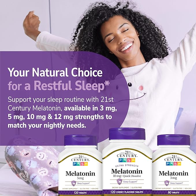 21st Century Melatonin 10mg Extra Strength Tablets, (120 Count), Prolonged Release Sleep Aid for Adults, Promotes Relaxation & Restful Sleep, Non-Habit Forming, Gluten-Free, Non-GMO