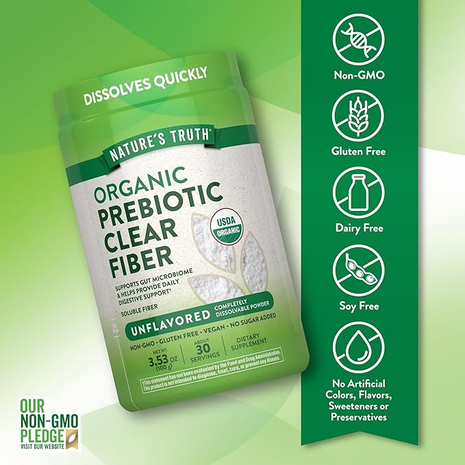 Nature's Truth Prebiotic Fiber Powder Supplement | 3.53 Oz | Unflavored, Sugar Free and Organic | Vegan, Non-GMO & Gluten Free