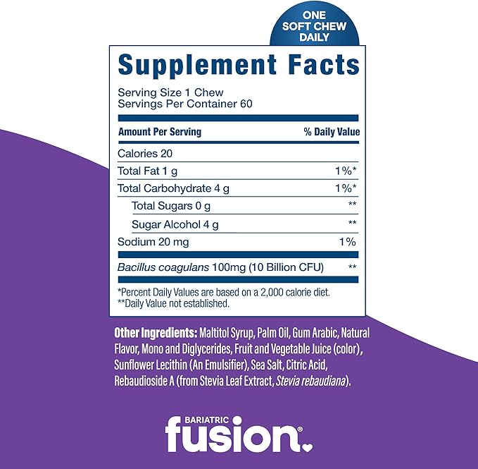 Bariatric Fusion Probiotic Soft Chews | Grape Flavor Chewy Bariatric Vitamin | 10 Billion CFU | Bacillus Coagulans | Support Digestive & Immune Health | 60 Count