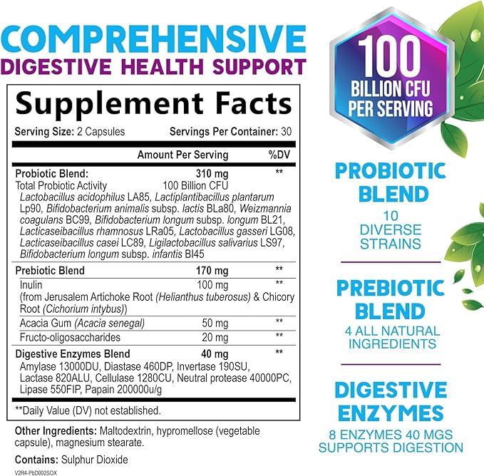 Probiotics 100 Billion CFU Per Serving - 10 Probiotic Strains & Prebiotics - Digestive Gut Health, Immune Support & Occasional Constipation, Gas & Bloating - Daily Supplement For Adults - 60 Capsules