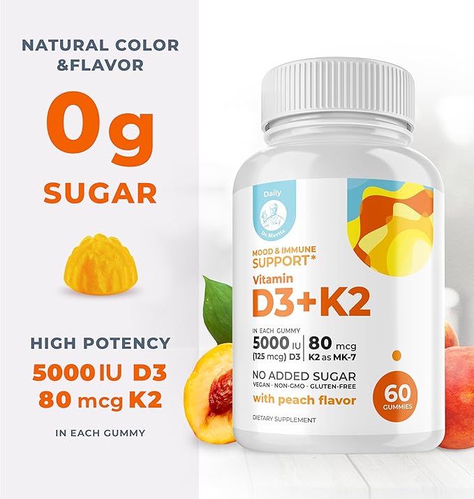 DR. MORITZ Vitamin D3 Gummies (5000 IU) with K2 - for Adults and Kids - Vitamin D3 K2 Gummies for Immune Support & Bone Health - Vegan, Sugar Free, Gluten Free (120 Count)
