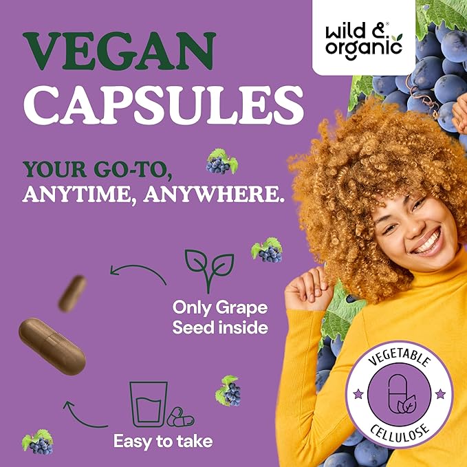 Wild & Organic Grape Seed Extract Capsules - Antioxidant Support - Grapeseed Extract 400 mg - 95% Polyphenols - 180 Vegan Capsules - 6 Month Supply - Non-GMO