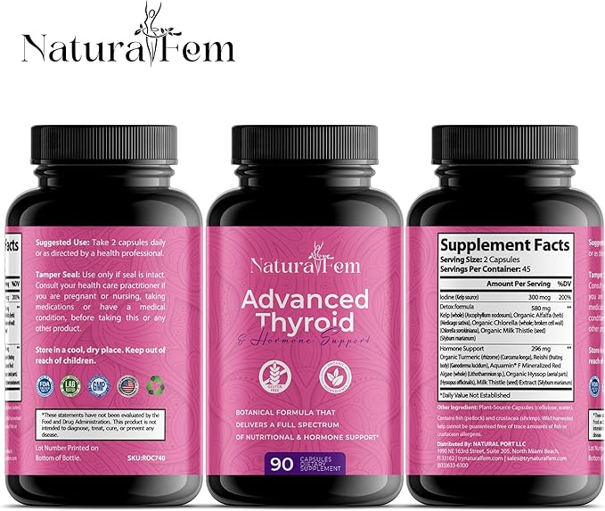 NaturalFem Advanced Thyroid Support & Hormone Balance for Women with Kelp, Turmeric, Milk Thistle, Chlorella, Aquamin & Botanical Formula - Mood & Focus Iodine Supplement - 90 Capsules