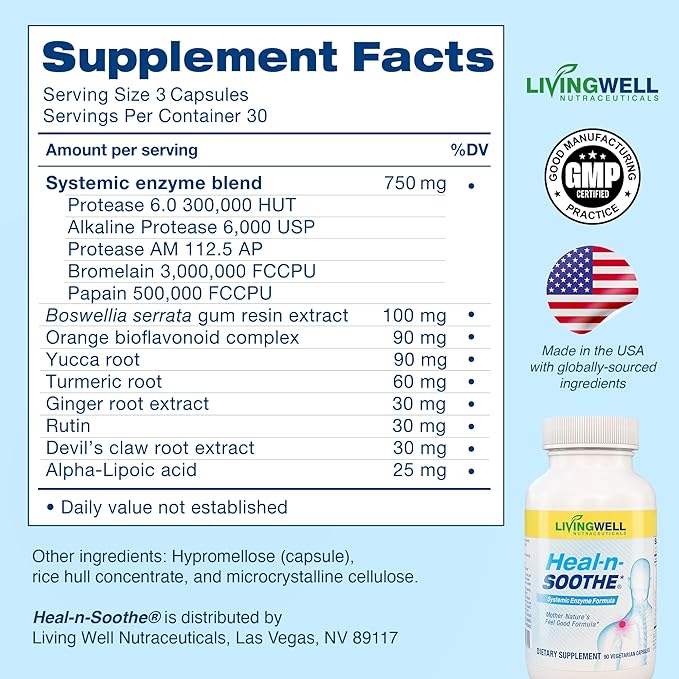HEAL-N-SOOTHE Proteolytic Systemic Enzymes – Joint Supplement with Bromelain, Papain, Boswellia – Joint Mobility, Muscle Flexibility, Protein Digestion, Circulatory & Immune Health - 60 Count (1 Pack)