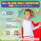Omega-3 for Kids 4+, Algae EPA & DHA Gummies Plus Vitamin D3 K2, Choline & PS for Brain, Bone, Cognitive & Immune Health, Zero Sugar Children Ultra-High DHA Fish Oil Alternative Lemon Flavor, 60 Cts