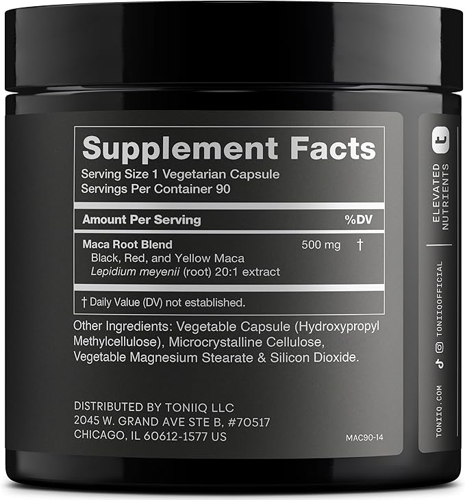 Toniiq Maca Root - Ultra High Potency 20:1 Extract - Black, Red and Yellow Maca Complex - Single Origin, Wildcrafted & Highly Concentrated - Third-Party Lab Tested - 90 Capsules