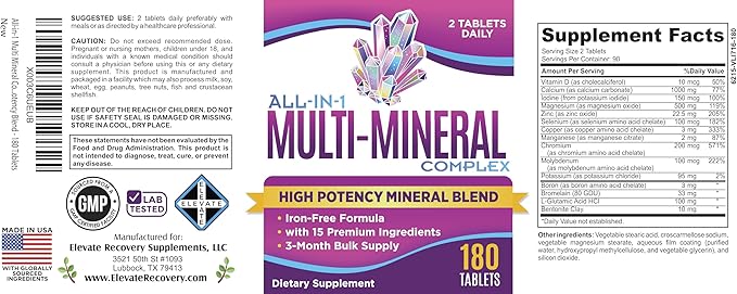 3-Month Multimineral Supplement 15-in-1 (Iron Free Formula) | Multi Minerals Complex | 90-Day Bulk Supply Multiminerals | 180 Tablets