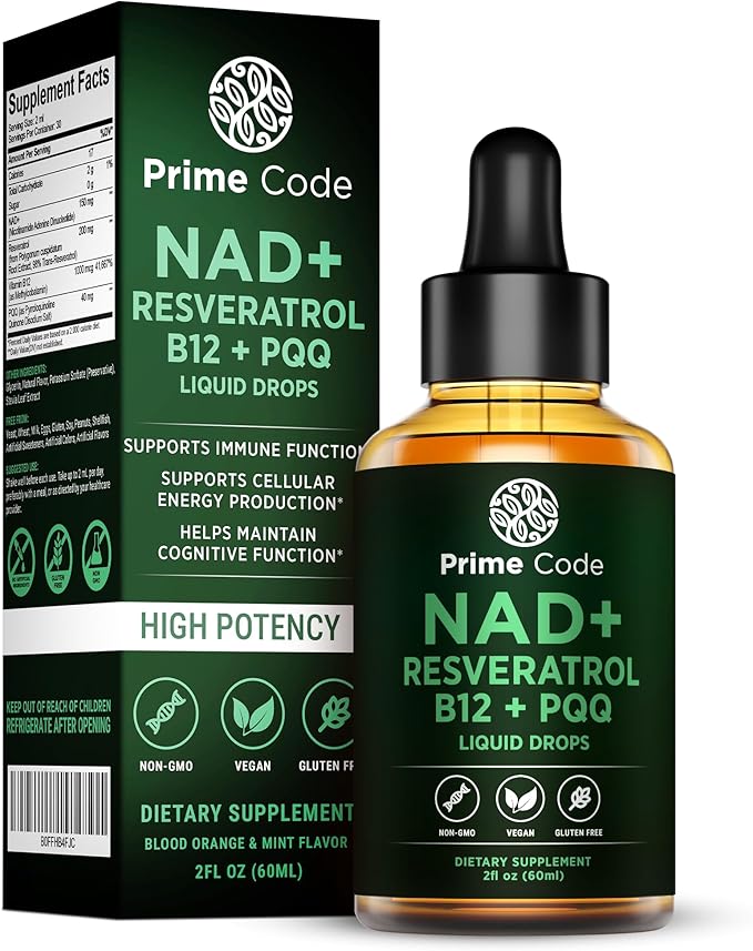 Prime Code NAD+ Liquid Drops with Resveratrol, Vitamin B12 & PQQ – Advanced Cellular Energy & Antioxidant Support – Vegan, Non-GMO, Gluten Free – Fast Absorption Supplement for Men & Women, 2 fl oz