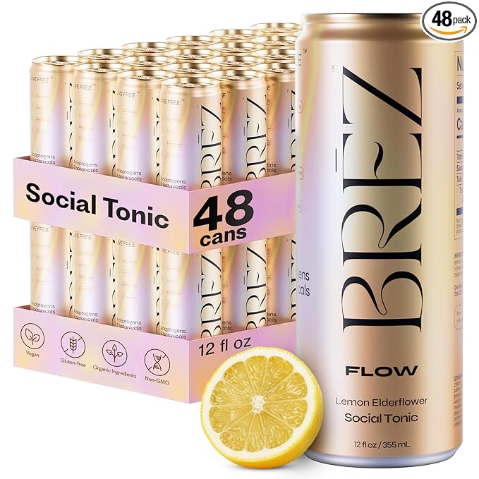 BRĒZ FLOW Lion’s Mane Mushroom Drink 48 Pack, Lemon Elderflower, Supports Mood & Focus, Non-Alcoholic Sparkling Adaptogen Drink, Functional Mushrooms, Feel Clear, Calm & Refreshed- 12 Fl oz Cans
