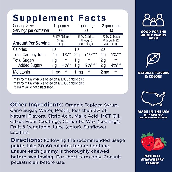 Mommy's Bliss Kids Sleep Melatonin Gummies, No Artificial Colors, Flavors or Gelatin, Strawberry Flavor Children's Melatonin Gummies, Age 3+, 60 Count