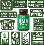 NMN Supplement Ultra High Strength Stabilized Nicotinamide Mononucleotide 500mg Per Capsule. 2 Capsules = 1,000mg of NMN. Boost NAD Levels. Healthy Aging NAD+ Supplements for Men and Women