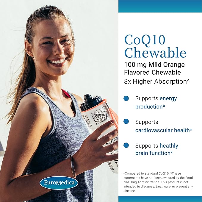EuroMedica CoQ10 100 mg - Cellular Energy Support Supplement - Higher Absorption CoQ10 Chewable Supplement - Nutritional Supplement to Aid Healthy Aging & Brain Health - 30 Chewable Tablets