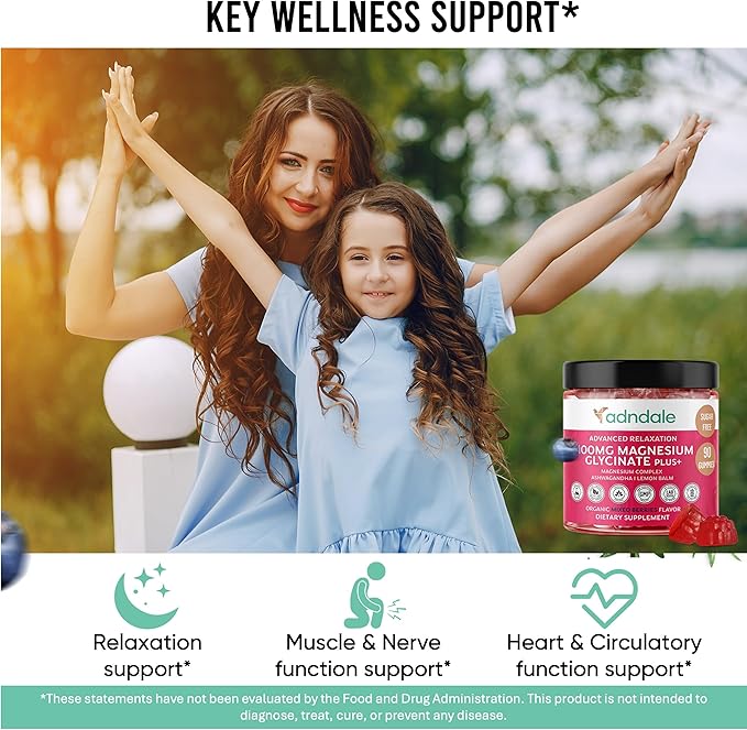 Adndale 90 CT Magnesium Glycinate 400 mg Gummies with Ashwagandha, Magnesium Malate & Taurate, Sugar Free Magnesium Gummies for Adults & Kids.