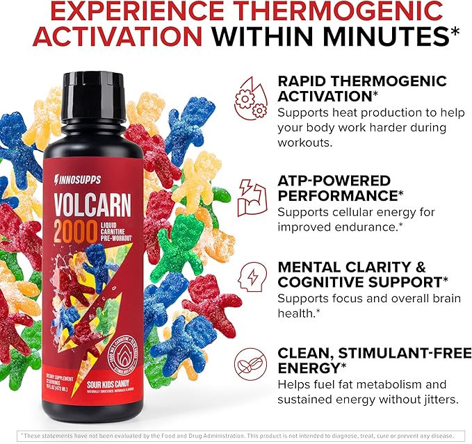 InnoSupps Volcarn 2000 - L-CARNITINE Advanced Energy Liquid | ATP Enhancer with GBEEC | Boosts Energy, Enhances Focus, Caffeine Free, No Artificial Sweeteners | 32 Servings (Sour Kids Candy)