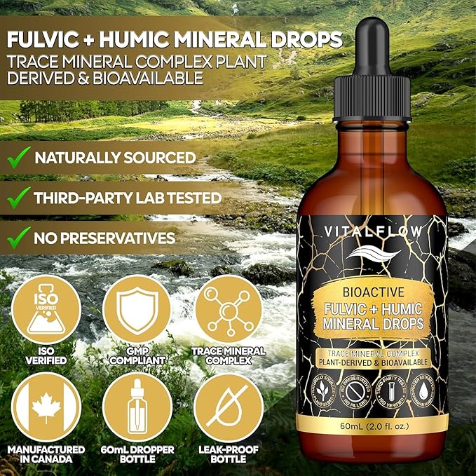 Fulvic + Humic Trace Mineral Drops, 3:1 Humic-Fulvic Blend | Water-Extracted from Canadian Humalite | 60 mL Amber Dropper | Third-Party Tested, No Preservatives/Fillers | GMP & ISO Verified