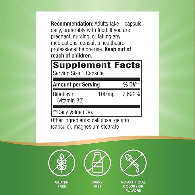 Nature's Way Riboflavin Vitamin B2, Supports Cellular Energy Production*, High Potency Riboflavin, 100 mg per Serving, 100 Capsules (Packaging May Vary)