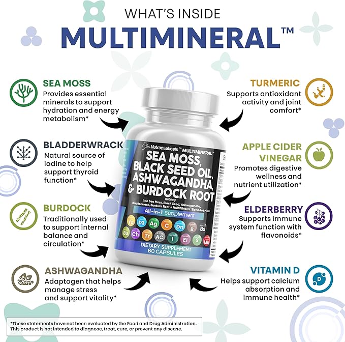 Clean Nutraceuticals Sea Moss Black Seed Oil Ashwagandha Turmeric Bladderwrack Burdock & Vitamin C Vitamin D3 with Elderberry Manuka Dandelion Yellow Dock Iodine Chlorophyll ACV - 2Pack (Pack of 2)