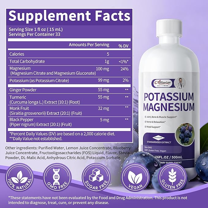 Potassium Magnesium Supplement Liquid - High Absorption Calm Magnesium Complex & Potassium Plus Calcium, Vitamin D3, Zinc for Bone & Energy & Immune Support - 16 Fl oz