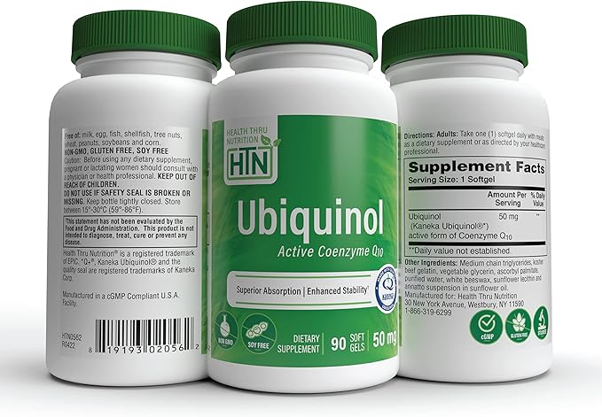 Health Thru Nutrition Ubiquinol 50mg 90 Softgels as Kaneka QH Reduced CoQ-10 | Stabilized - 3rd Party Tested | Enhanced Bioavailability | Cardiovascular & Mitochondria Function Support | Non-GMO