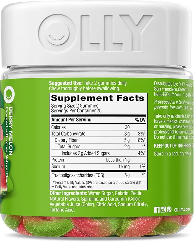 OLLY Fiber Gummy Rings, 5g FOS Prebiotic Fiber, Digestive Health Supplement,* Strawberry Watermelon Flavored, 25 Day Supply - 50 Count