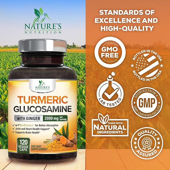 Turmeric Curcumin Supplement - 95% Curcuminoids with Glucosamine, Ginger & MSM, BioPerine Black Pepper Extract for Best Absorption, Natural Vegan Joint Support, Non-GMO, Bottled in USA - 120 Capsules