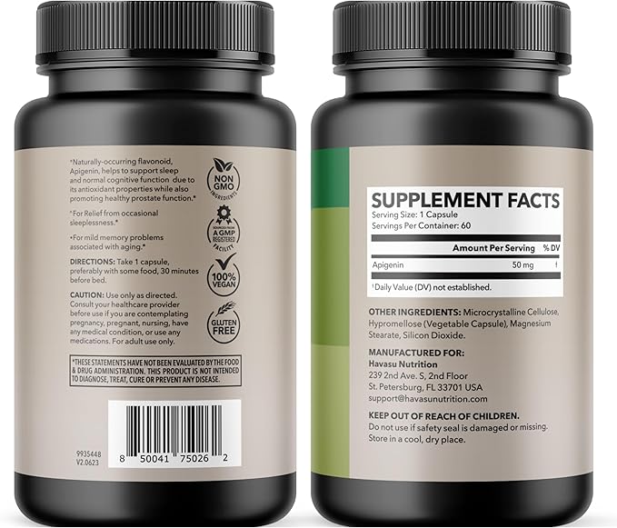 Apigenin Capsules 50mg - 60 Count, Vegan, Non-GMO, Sleep & Cognitive Support Supplement - Chamomile Flavonoid for Relaxation, Prostate Health, Melatonin-Free, Liposomal Formula for Enhanced Absorption