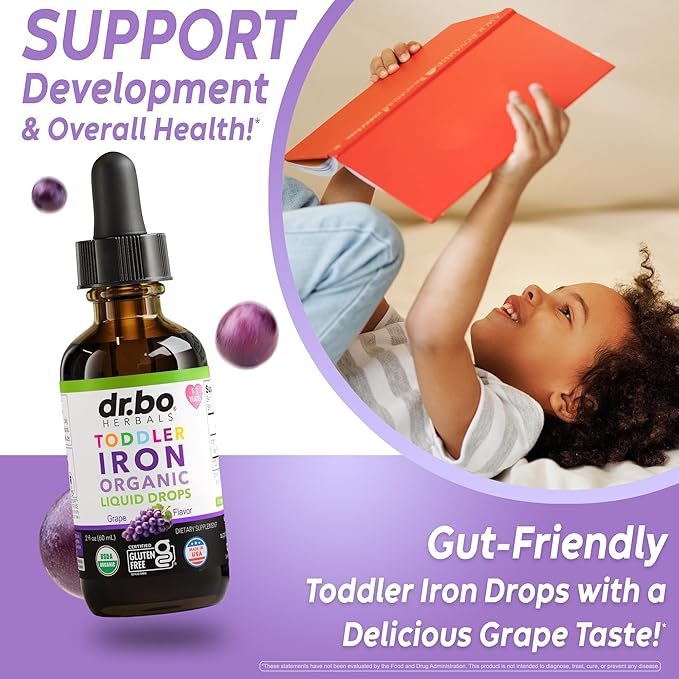 Iron Supplement for Toddlers & Kids - Organic Liquid Iron Drops for Kids, Toddler, Baby, Infant, Toddlers Supplements Ages 1-3 - Organic Vegan Toddler Liquid Drops Supplement, Gluten Free, Non-GMO 2oz