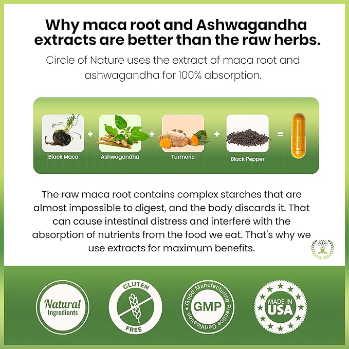 Maca Root, Ashwagandha Root Extract, Capsules for Men & Women with Turmeric Curcumin and Bioperine 120 Capsules Made in USA
