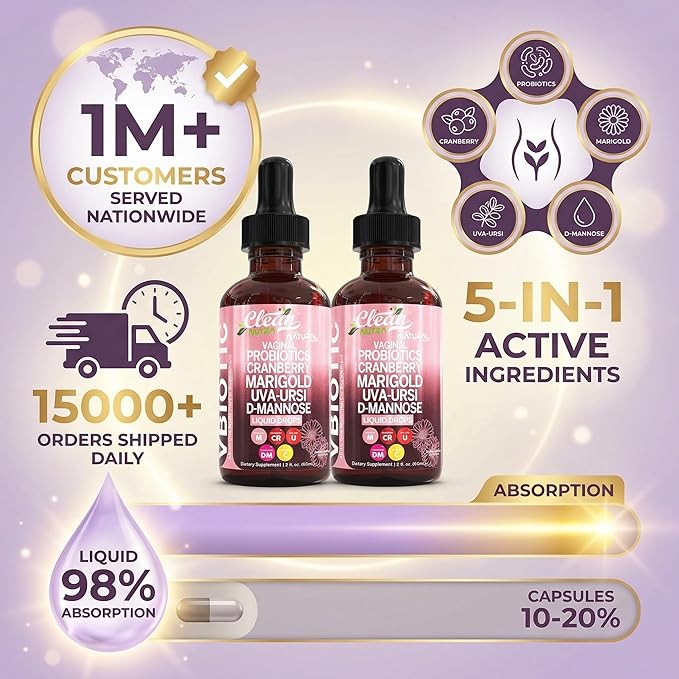 VBiotic Vaginal Probiotic for Women Liquid Drops | Womens Probiotics | Cranberry Uva Ursi Horsetail D-Mannose Prebiotics Marigold & Black Cohosh Vaginal Health Supplement | pH Balance | By Clean Nutra