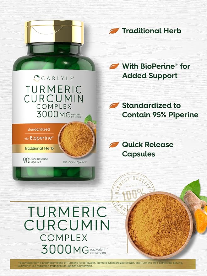 Carlyle Turmeric Curcumin with Black Pepper | 90 Powder Capsules | Complex Supplement with Bioperine | Non-GMO, Gluten Free