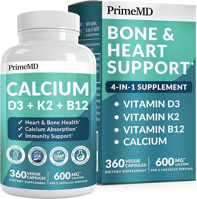 4-in-1 Calcium Supplements for Women and Men - Calcium with Vitamin D3 K2 5000 IU Supplement, 601mg per Serving for Heart, Bones & Body Defenses - Gluten-Free, Vegan-Friendly (360 ct) (Pack of 1)