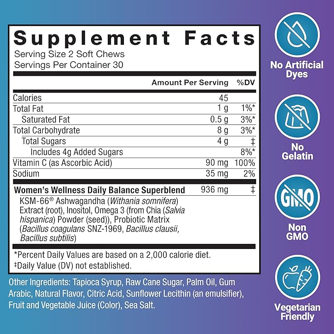 Force Factor Vaginal Health Probiotic Supplement for Women with KSM-66 Ashwagandha & 5B CFUs for pH Balance, Vaginal Flora & Hormone Balance Support, Women’s Wellness, Tropical Punch, 60 Soft Chews