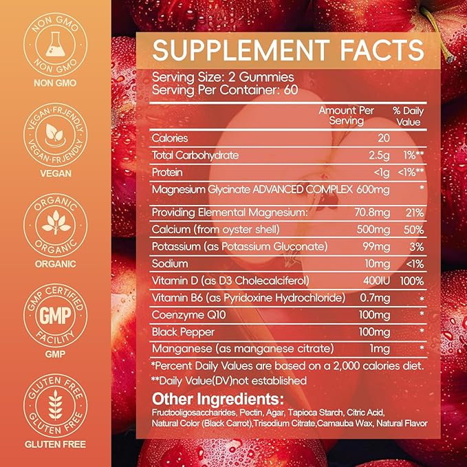 Magnesium Glycinate Gummies 600MG, Chewable Sugar Free Magnesium Citrate for Men & Women, Vitamin B6, D3, Magnesium Supplements for Sleep, Body Support and Relaxation, 60 Day Supply