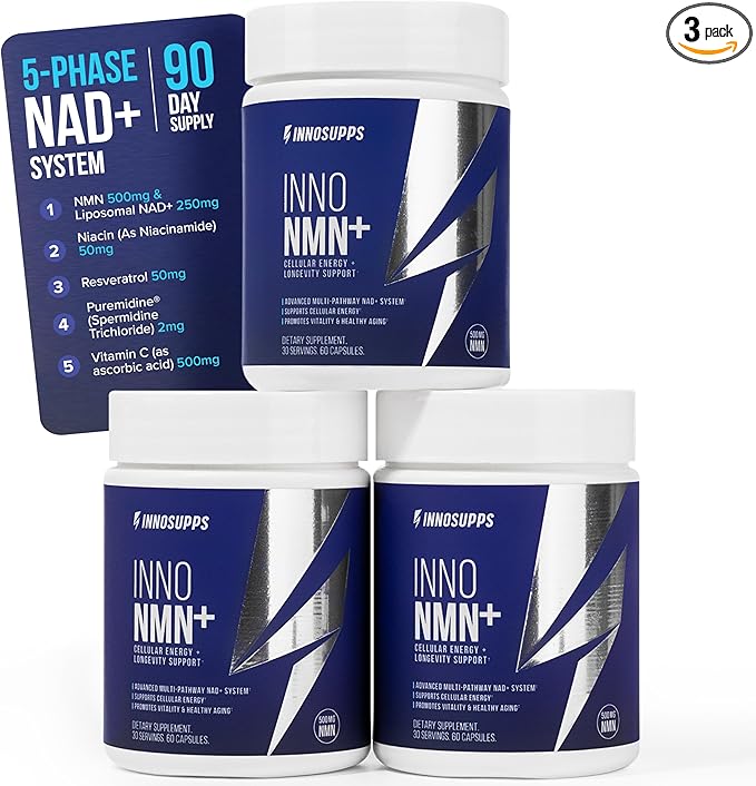 InnoSupps Inno NMN+ Supplement 500mg with NAD+ for Brain Function, Anti Aging & Cell Regeneration, Supports Cellular Energy, Muscle & Heart Health, w/Resveratrol, Niacin, & Vitamin C - 90 Servings