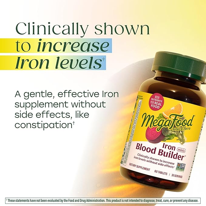MegaFood Blood Builder Iron Supplement for Women & Men - Increase Iron Levels Without Side Effects - Combats Fatigue - Vitamin B12, Folic Acid & Vitamin C - Vegan - 60 Mini Tablets (30 Servings)