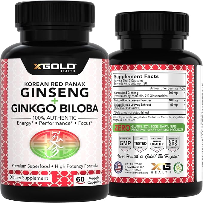 X Gold Health Korean Red Panax Ginseng + Ginkgo Biloba – 7% Ginsenosides Extra Strength – Energy, Memory, Focus & Brain Support – Premium Supplement for Men & Women – Non-GMO, 60 Vegan Capsules