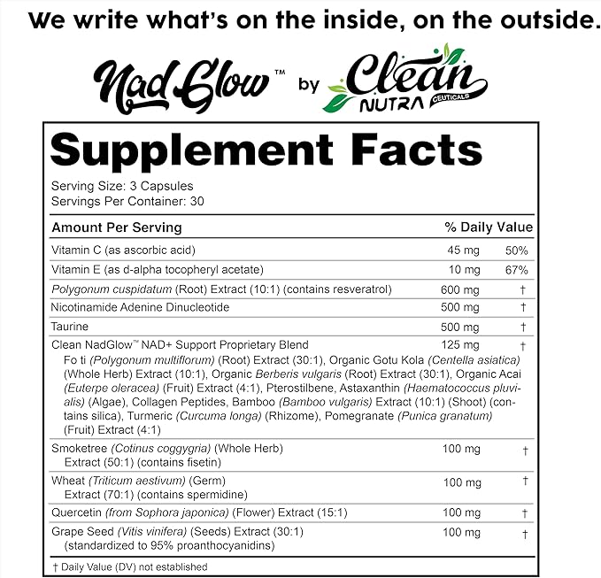 NAD+ Resveratrol Supplement for Women NAD Turmeric Vitamin C Acai Pomegranate Collagen Peptides Nicotinamide Riboside Fisetin Vitamin E Polygonum Multiflorum Berberine 90 Capsules by Clean Nutra