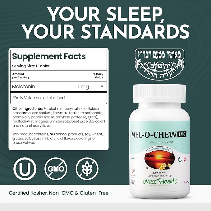Maxi Health Melatonin 1mg Chewable - Sleep aid Melatonin to Encourage Natural Sleep – Non-Habit Forming Supplement with Enzymax for Fast-Acting Support Kosher (200 Units)