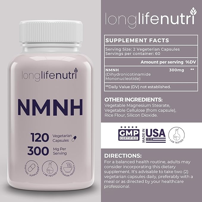 LongLifeNutri NMNH 300mg (Dihydronicotinamide Mononucleotide) - 120 Vegan Capsules, 2-Month Supply, NMN Alternative, NAD Supplement for Energy & Longevity, Lab Tested, Made in USA
