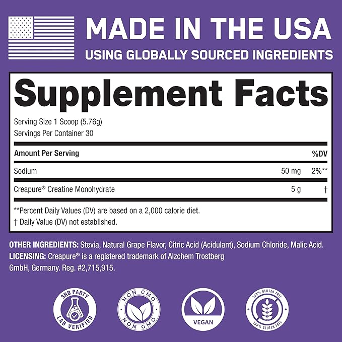 SteelFit Creapure Pure Creatine Monohydrate Powder for Men & Women, Grape - Flavored Creatine Gym Workout Supplements for Lean Muscle Gain, Brain Health & Strength Building - 30 Servings